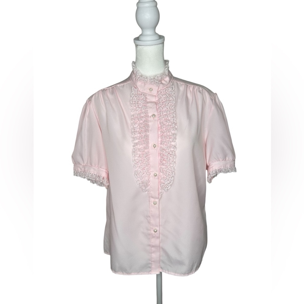Rhapsody Vintage Light Pink Blouse with Lace Ruffle Trim. Made in USA